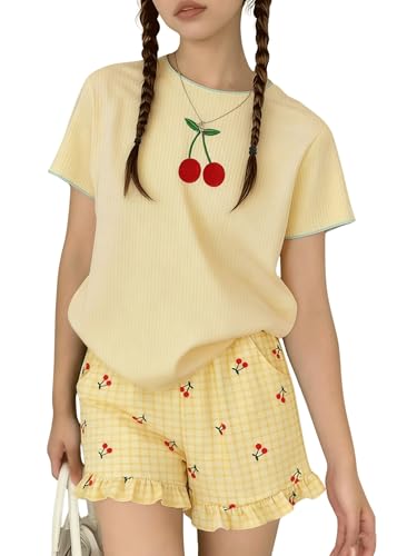 Image of Yoxindax Tween Girls Summer 2-Piece Outfit Set - Crew Neck Short Sleeve T-Cherry Print Shorts 7-14Y Summer Clothes