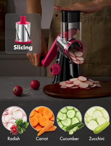 Image of Cheese Grater Rotary, Rotary Grater for Kitchen, Kitchen Vegetable Slicer with 3 Drum Blades, Fast Cutting Cheese Shredder for Vegetables and Nuts (Black+Rosy, 3 BLADES)