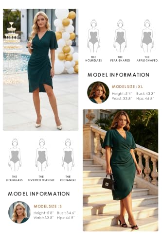 Image of Women's Wrap V Neck Asymmetrical Hem Midi Ruched Cocktail Evening Dress | Back Zipper, Regular Fit, Club Night, Semi Office Formal, Wedding Dinner Date, Flutter Short Sleeve
