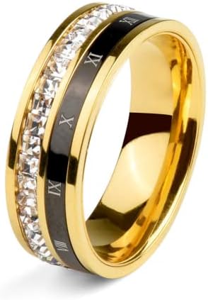 18K Gold Plated Roman Numeral Cubic Zirconia Ring for Women, Square CZ Gold Rings for Men, Spinner Silver Mens Rings Stainless Steel Size 5-12 (Gold Zirconia Ring, 8)