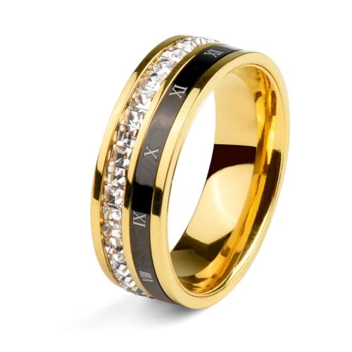 18K Gold Plated Roman Numeral Cubic Zirconia Ring For Women, Square Cz Gold Rings For Men, Spinner Silver Mens Rings Stainless Steel Size 5-12 (Gold Zirconia Ring, 8) #TOP3