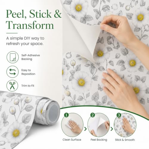 Image of White & Grey Floral Peel and Stick Wallpaper - Minimalist Botanical Self Adhesive Wallpaper with Yellow Flower Accents for Bedroom, Living Room, Kitchen, Office, Cabinets