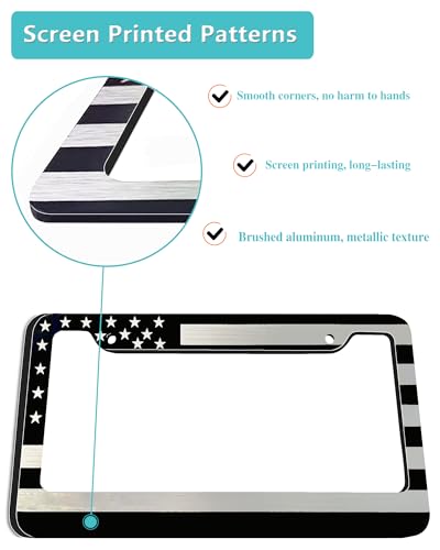 Image of American Flag License Plate Frame - 2 Pack Black Patriotic Car Tag Frames | Front Rear Patriotic USA Holder, Heavy Duty Brushed Aluminum Plastic Composite, 2 Holes, Includes Screws & Caps