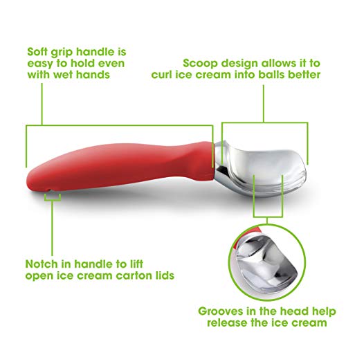 Image of Spring Chef Stainless Steel Ice Cream Scoop with Soft Grip Handle, Red
