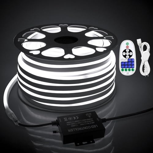 Image of 45m Outdoor Neon LED Rope Lights Waterproof 150ft AC 110V~130V Cold White Neon LED Flexible Rope Light with Dimmable Controller LED Strip Light for Outside Bedroom Wall Garden Building Yard