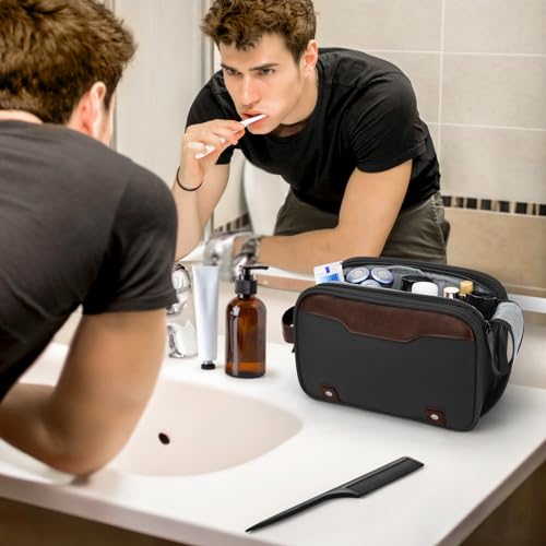 Image of Wedama Toiletry Bag for Men, Medium Hanging Travel Toiletry Bag, Extra Electronic Organizer Bag Waterproof Shaving Bag for Toiletries with PU Handle for Travel Business Trips Swim Camping, Grey