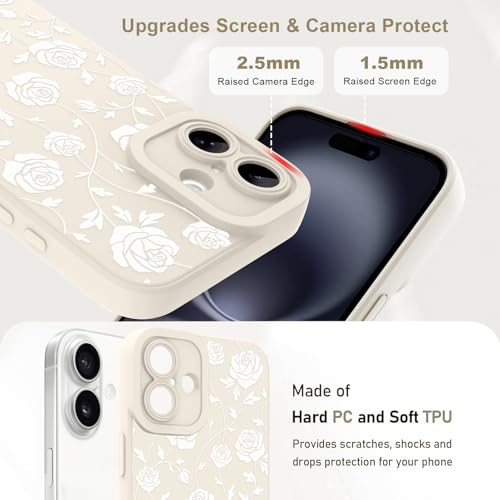 Image of Designed for iPhone 16 Case, Cute Rose Flower Floral Pattern Design, Slim Soft TPU Liquid Silicone Protective Cover for Women Girls - White