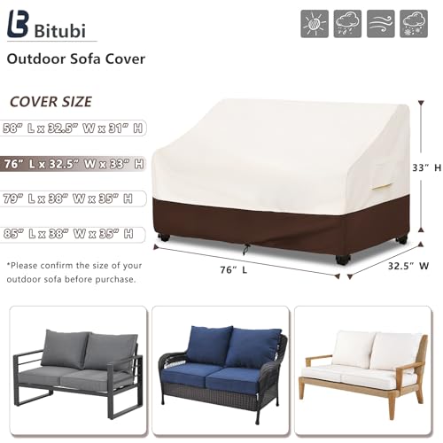 Image of Bitubi Waterproof Patio Sofa Cover, Heavy Duty 3-Seater Outdoor Couch Cover Size Up to 76W x 32.5D x 33H Inches, Lawn Patio Furniture Covers with Air Vent (Brown)