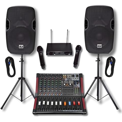 MUSYSIC Portable PA System with Wireless Microphone and Speakers – 6 Ch Audio Mixer with Built-in 2000W Amp & Wireless UHF Microphone System, Multiple Inputs, Complete w/Stands - 10" Speaker 800W Cover