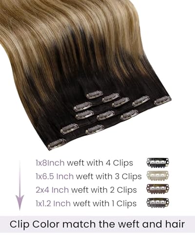 Image of LaaVoo Clip in Hair Extensions Real Human Hair Balayage Hair Extensions Clip ins Darkest Brown Ombre Mix Ash Brown Blonde Human Hair Clip in Extension 18Inch 5pcs 80g