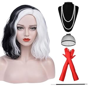 Huahuanghui Peluca Blanco y Negro, con Guantes y Collar, Mitad Negra Mitad Blanca Cosplay Peluca, Peluca Mitad Negra Mitad Blanca Halloween, Cosplay Peluca para Carnaval, Halloween