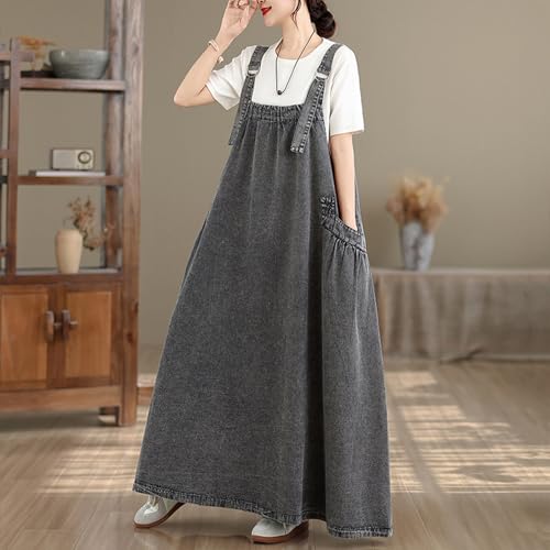 Image of Women's Casual Loose Denim Dress Sleeveless Adjustable Straps Denim Jumper Dress with Pockets