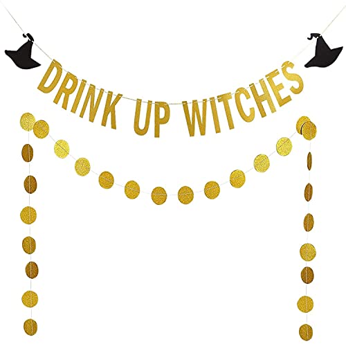 Halloween Banner Decoraton Gold Glitter Drink Up Witches Bunting and Circle Dots Hang Paper Garland Party Supplies Home House wall Indoor Outdoor Decor