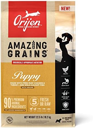 ORIJEN AMAZING GRAINS Puppy Dry Dog Food, High Protein Dog Food for Puppies, Fresh or Raw Ingredients, 22.5lb