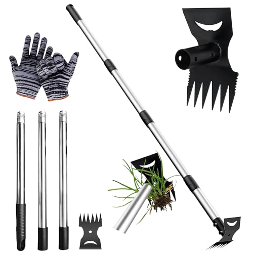 DpTerranubis Weed Puller Tool, long handled weeding tool, Handle Garden Weed Puller Root Removal Tools Extending Handle Patio Weed Remover Tool Ergonomic Dandelions Root Remover for Yard