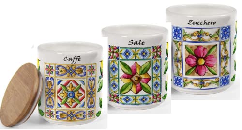 EDITACASA - Juego de tres tarros de sal de azúcar y café con tapa hermética, 10 x 12 cm, decoración de tierra y sol de cerámica Cover