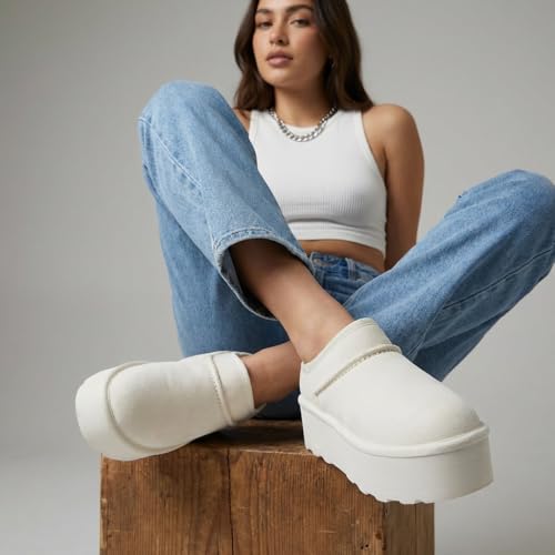 CUSHIONAIRE Huggy-2 Platform Slippers for Women, Cozy Genuine Suede Slip-On Ankle Boots for Indoor Outdoor Wear, Womens Slippers, OFF WHITE 6.5 by CUSHIONAIRE - Image 6