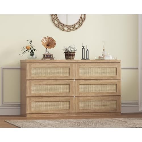 GarveeHome Rattan Dresser for Bedroom, Modern 6 Drawer Double Dresser for Bedroom, Wide Wood Chest of Drawers for Bedroom, Living Room, Hallway, Natural