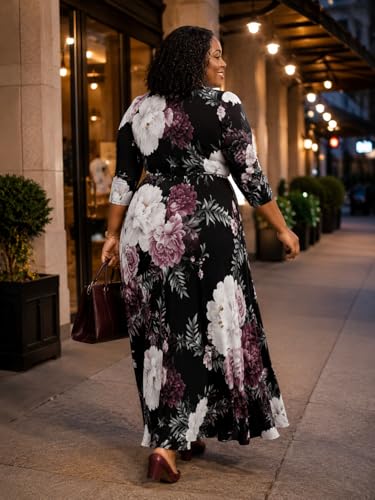 Image of SUZONANA Plus Size Dresses for Women Floral Print Maxi Dress Flowy 3 /4 Sleeve with Belt