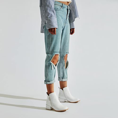 Parisuit Womens Patent Leather Booties Chunky Block Mid Heel Ankle Boots with Side Zipper Round Toe Dress Short Boots2