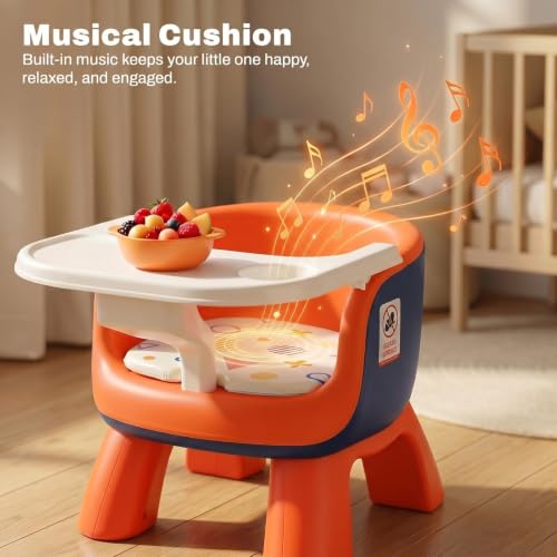 Image of Baybee Booster Chair for Baby with Detachable Food Tray, Anti-Slip Wide Legs & Soft Cushion Seat with Music | Portable Feeding Chairs for Kids Home & Travel - 0 to 3 Years (Orange)