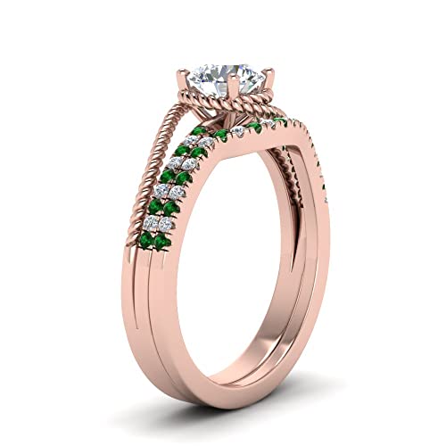 Image of Choose Your Gemstone Rope Split Shank Wedding Ring Set Rose Gold Plated Round Shape Wedding Ring Sets Everyday Jewelry Wedding Jewelry Handmade Gifts for Wife US Size 4 to 12