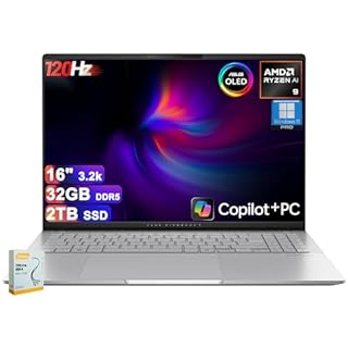 ASUS Vivobook S16 Copilot+ AI PC Laptop | 16" 3200x2000 120Hz OLED (600nits HDR) | AMD 10-core Ryzen AI 9 365 (Up to 50 Tops) | 32GB DDR5 2TB SSD | RGB Backlit FHD IR Camera Win11Pro w/DLCA Accessory