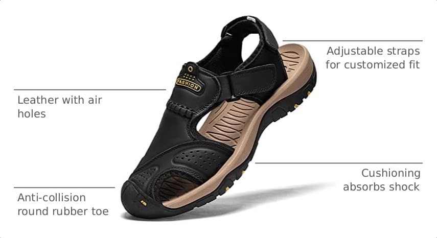 Image of Sandals for Men Leather Hiking Sandals Athletic Walking Sports Fisherman Beach Shoes Closed Toe Water Sandals