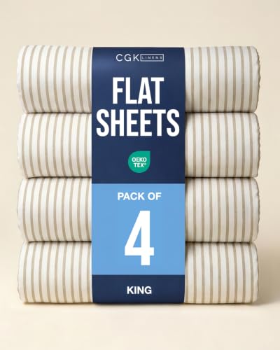 King Size Flat Sheet - Pack of 4 Top Flat Bed Sheet Only - Beige Stripes