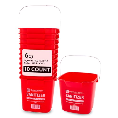 Image of Restaurantware RW Clean 6 Quart Cleaning Buckets 10 Detergent Square Buckets - With Measurements Built-In Spout And Handle Red Plastic Utility Buckets For Home Or Commercial Use