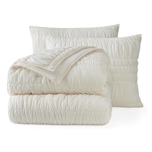 UGG Full/Queen Quilt Set - 3pc Bed Spread with 2 Pillow Shams All Season Luxury Bedding Lightweight Quilted Soft Textured Comforter Cozy Coastal Queen Quilt Set Beige Snow (Tide Devon)