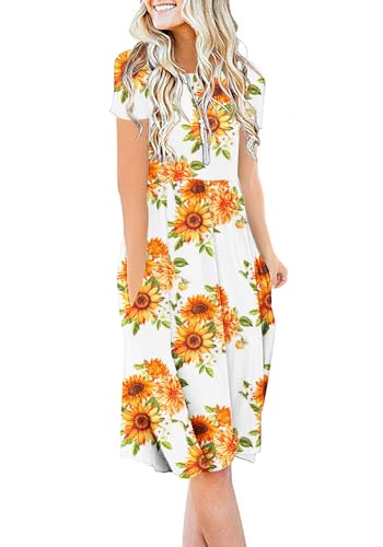Image of DB MOON Women Summer Casual Short Sleeve Dresses Empire Waist Dress with Pockets