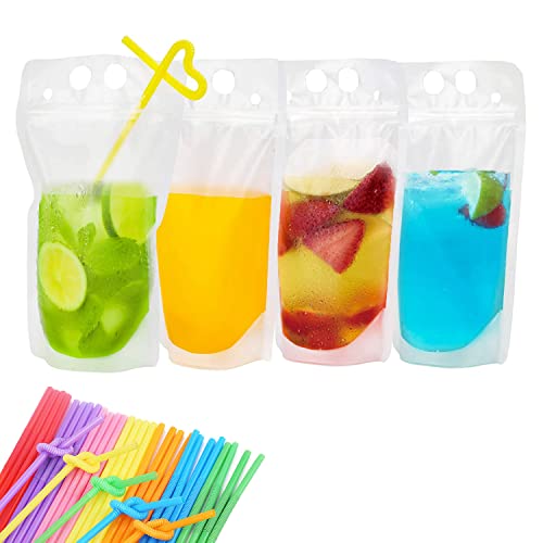 PANRRPERS 30 PCS Drink Pouches Bags with 30 Disposable Plastic Straws, Hand-held Frosted Translucent Reclosable Zipper Drink Bags Heat-Proof Bag Bottom Gusset