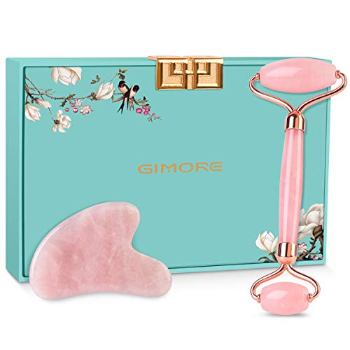Gimore Jade Roller For Face 100% Natural Rose Quartz Anti Aging Facial Rolling SPA Gua Sha Massage Tools Face Eye Neck Beauty Roller For Rejuvenate Skin & Remove Wrinkles (Rose Quartz 2 in 1)