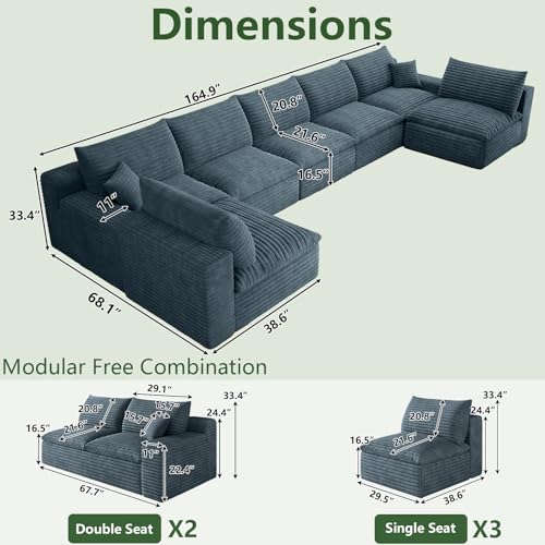 Image of 165 inch Cloud Couch Modular Sectional Sofa for Living Room, U-Shape Boneless Couch with Deep Seat, Modern Corduroy 7-Seater, No Assembly Required,Blue