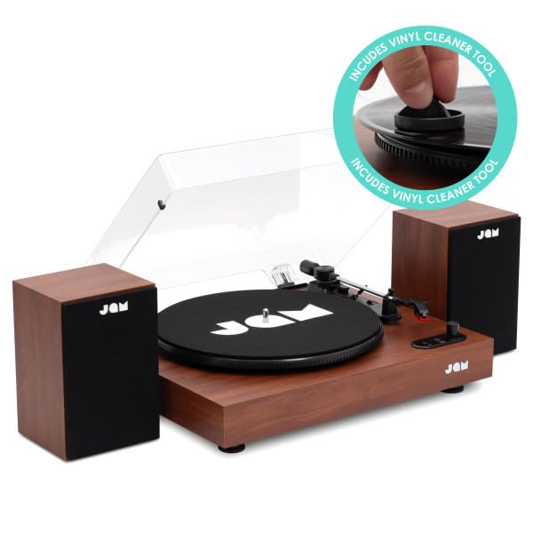 JAM Gramofon z głośnikami – gramofon Bluetooth z głośnikami regałowymi, 3-Speed odtwarzacz winylowy z ochroną przed kurzem, wstępnie ustawionym ramieniem dźwiękowym, w zestawie środek czyszczący do