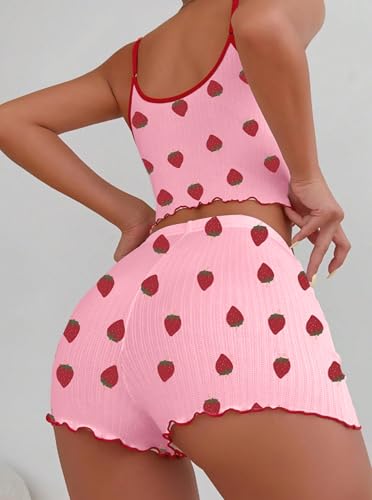 Image of Hilinker Womens Graphic Print Ribbed PJ Set Crop Cami Tops and Shorts Cute Pajamas Set