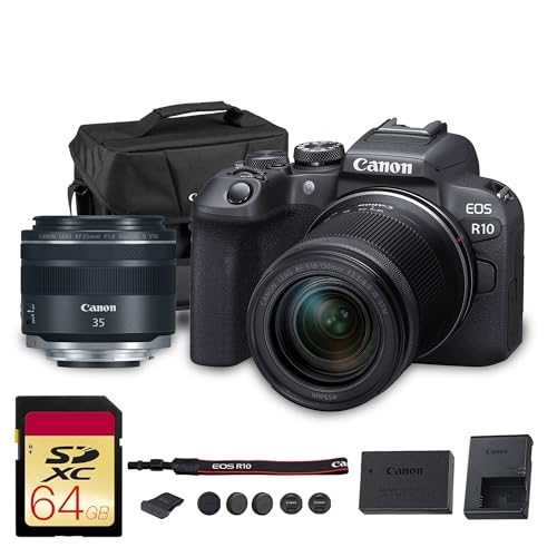 Image of Canon EOS R10 Mirrorless Camera Kit | 24.2MP APS-C Sensor with RF-S 18-150mm Lens | 4K Video Dual Pixel AF Compact Travel Photography (5331C016) + Canon RF 35mm Lens + 64GB Card + Bag