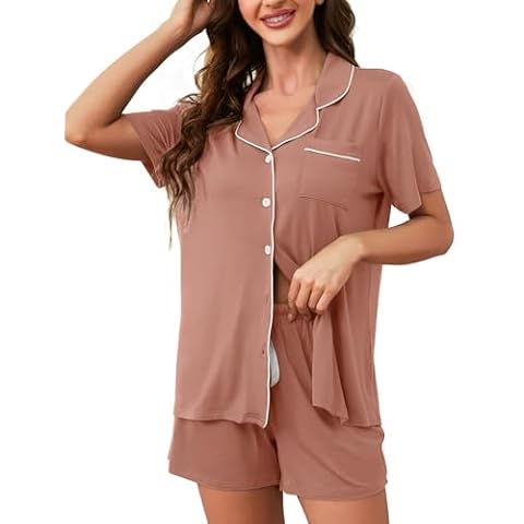 HNG Pajama Sets For Women 2 Piece PJ Sets Short Sleeve Lounge Set Fashion Sleepwear Bean Paste,S Cover