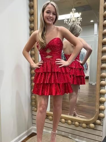 Sparkly Sequin Homecoming Dresses for Teens Short A Line Cut Out Tiered Prom Party Gown Strapless3