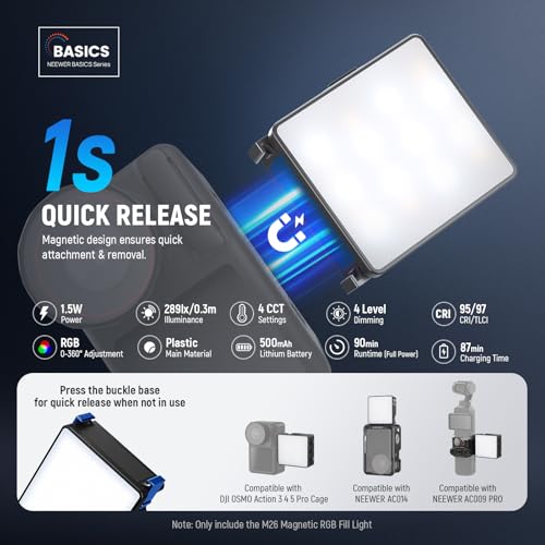 Image of NEEWER Basics Magnetic RGB Action Camera Light Compatible with DJI OSMO Nano Action 3 4 5 Pro Cage NEEWER AC009 PRO Pocket 3 Accessories Adapter, 1.5W Fill Light Attachment for Video Recording, M26
