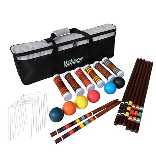 Hathaway 6-Player Croquet Set for Families – Includes Durable Hardwood Mallets, Handles & Goal Stakes, Chip-Resistant Polymer Croquet Balls, Steel Wickets, & Nylon Carrying Bag