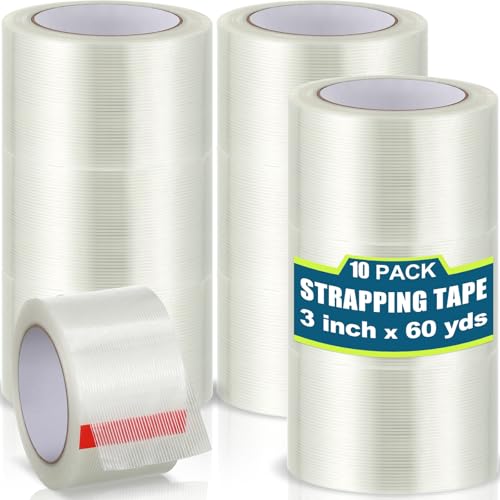 Image of Treela 10 Rolls Filament Strapping Tape 3 Inch x 60 Yards Transparent Reinforced Fiberglass 5.5 Mil Heavy Duty Packing Shipping Tape for Sealing Binding Fixing