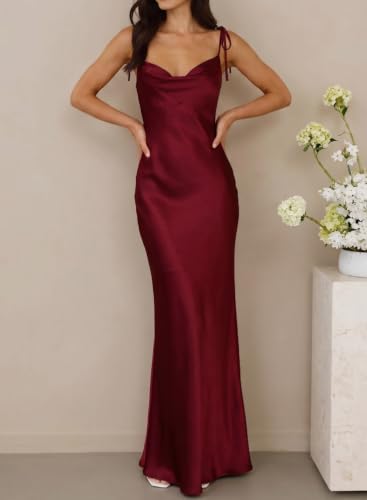 Image of 2026 Satin Cowl Neck Spaghetti Strap Maxi Dress for Women Bridesmaid | Silk,Tie Strap,Slip,Slit,Midi,Wedding Guest,Graduation,Elegant,Cocktail,Vacation,Party