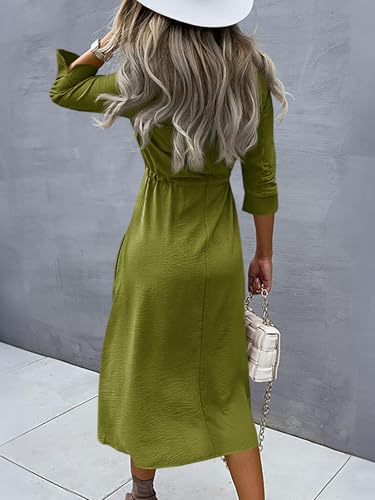 Image of Febriajuce Women's 3 /4 Sleeve Midi Dress Casual Drawstring Belted Round Neck Plain Tie Waist Loose High Waist Long Dress