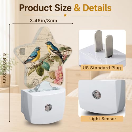Image of Star Night Light Plug in, Birds Butterflies Dusk to Dawn Sensor Night Light, Soft Glow Lamp for Kids Bedroom Nursery Hallway Bathroom, Energy Saving Compact Design
