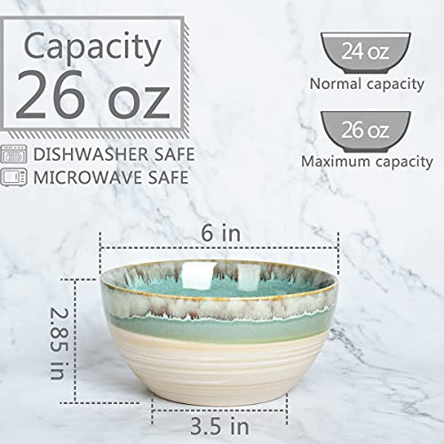 Bosmarlin Ceramic Soup Bowl Set of 4, 26 Oz, 6 Inch Stoneware Cereal Bowl for Oatmeal, Salad, Dishwasher and Microwave Safe, Reactive Glaze (Green, 6 in)