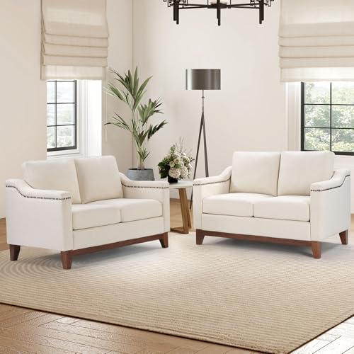 Image of HAOMARKETS Vintage 2-Seater Upholstered Loveseat Sofa Set of 2 with Nailhead Trim, High-Density Foam Cushion & Solid Wood Legs, Soft Fabric Couch for Small Spaces, Beige