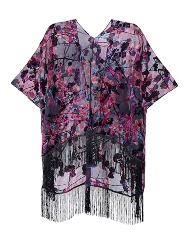 Image of MJ SERECA Women's Burnout Velvet Kimono Cardigan Cover Up with Tassel