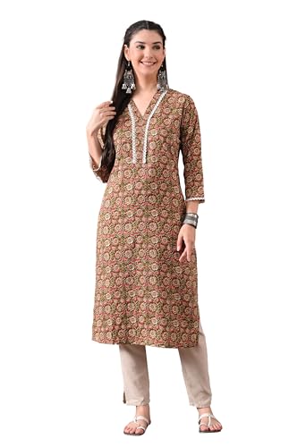 Image of Ichaa Women's Pure Cotton A-Line Ethnic V-Neck Kurta with 3 /4th Sleeve for Daily and Office Wear, in Plus Sizes